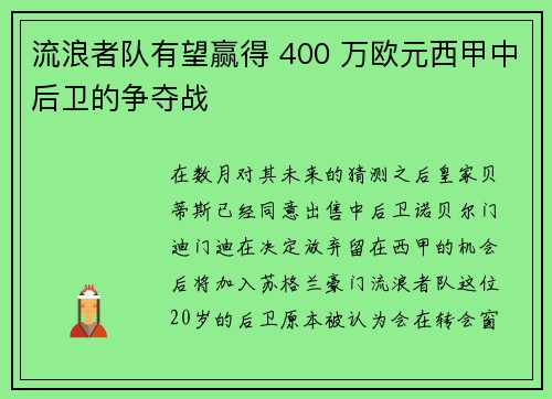 流浪者队有望赢得 400 万欧元西甲中后卫的争夺战 流浪者队有望赢得 400 万欧元西甲中后卫的争夺战